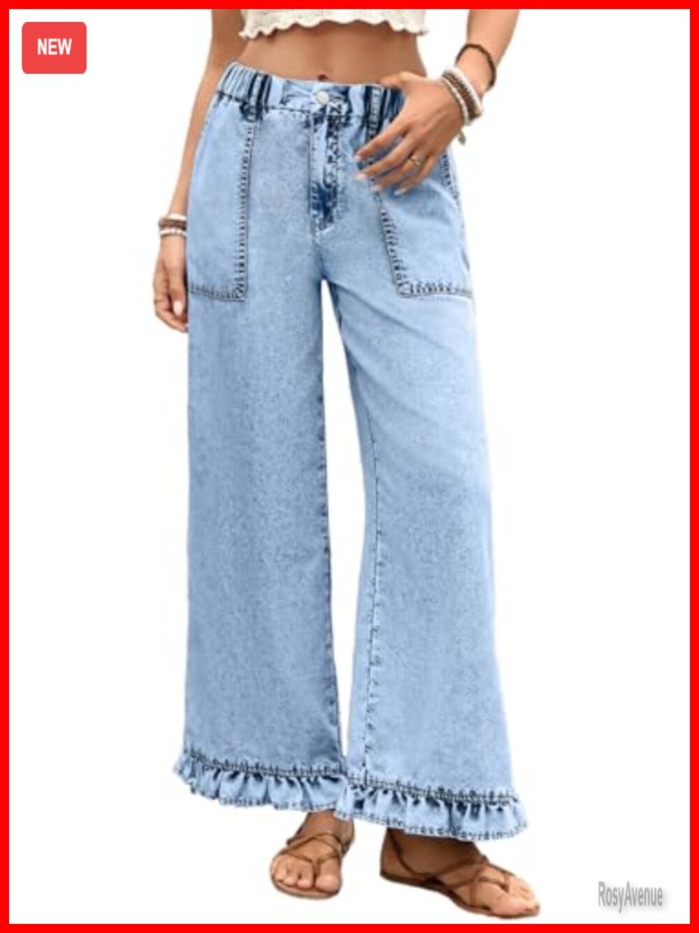 Women's High Rise Wide Leg Jeans with Ruffle Hem and Elastic Waist Casual Pants